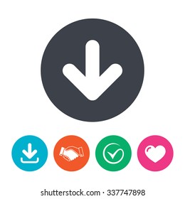 Download icon. Upload button. Load symbol. Download arrow, handshake, tick and heart. Flat circle buttons.