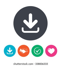 Download icon. Upload button. Load symbol. Download arrow, handshake, tick and heart. Flat circle buttons.
