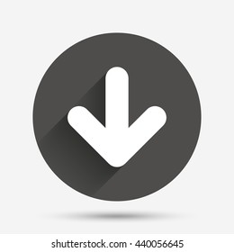 Download icon. Upload button. Load symbol. Circle flat button with shadow. Vector