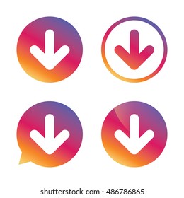 Download icon. Upload button. Load symbol. Gradient buttons with flat icon. Speech bubble sign. Vector