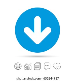 Download icon. Upload button. Load symbol. Copy files, chat speech bubble and chart web icons. Vector