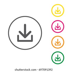 Download icon. Upload button. Load symbol. Round colourful 5 buttons. Vector