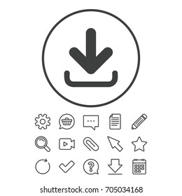 Download icon. Upload button. Load symbol. Document, Chat and Paper clip line signs. Question, Pencil and Calendar line icons. Star, Download and Shopping cart. Vector