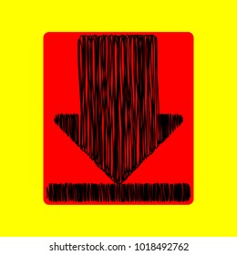 Download icon. Vector. Black scribble icon in red container with rounded corners at yellow background. Isolated.