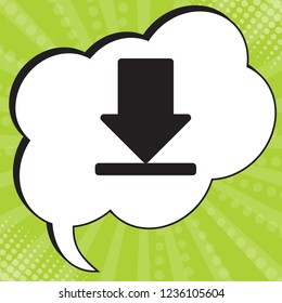 Download icon. Vector. Black icon in speech bubble at popart yellow green background.