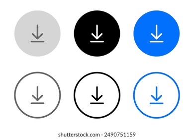 Vector de icono de Descarga. Botón azul Descarga. Cargar. Cargar señal. Botón gris, azul y negro.