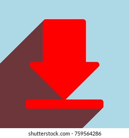 Download icon. Vector. Red flat icon with infinte wine shadow to left down corner at sky background.