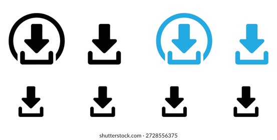 Conjunto de Vectores de íconos de Descarga, negro y azul para Web e interfaz de App, ícono de Descarga. Signo de descarga. Botón de Descarga. Icono de descarga de flechas. Icono de archivos de Descarga. 