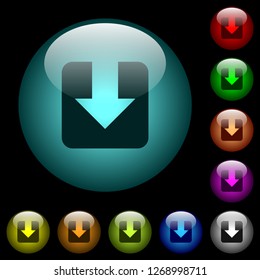 Download icons in color illuminated spherical glass buttons on black background. Can be used to black or dark templates