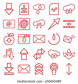 Download icons set. set of 25 download outline icons such as email, music cloud, file, at email, mail, stopwatch camera, arrow, arrow up, arrow down