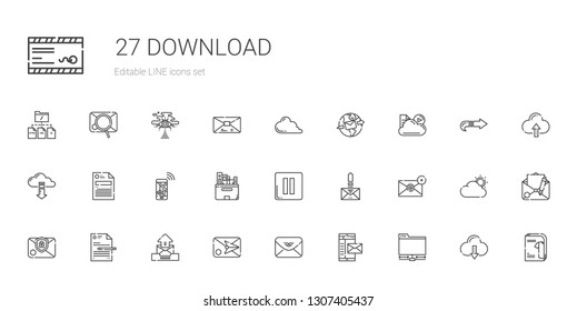 download icons set. Collection of download with ftp, mail, envelope, email, file, pause, files, navigation, cloud computing, cloud, catalogue. Editable and scalable download icons.
