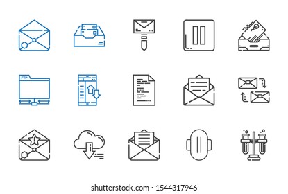 download icons set. Collection of download with tubes, compress, email, server, mailing, file, data transfer, ftp, inbox, pause, mail. Editable and scalable download icons.