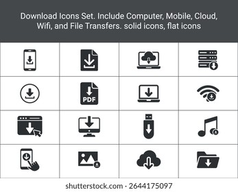 Baixar Conjunto de Ícones. Inclua Transferências de Computador, Celular, Nuvem, Wifi e Arquivo. ícones sólidos,
ilustração de vetor de ícones planos