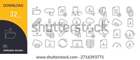 Download icons set. Includes icons for file transfer, saving data, cloud download, content access, and digital storage actions. Ideal for apps, websites, and software interfaces. Editable stroke.