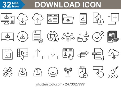 Download icons set vector illustrator. Upload, Document, Link, Download File, Folder, Data, and PDF Icons. 