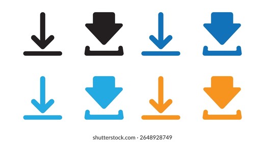 Ícones de download. Baixar ou carregar ícones de vetor, isolados. Botões de seta. Ilustração vetorial.