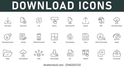 Ilustración vectorial de iconos de Descarga con trazo editable de línea delgada que contiene archivos de Enlace de documentos Descarga de nube Transferencia de velocidad Cargar de carpetas Botón de datos Éxito App de Descarga móvil Hacer clic