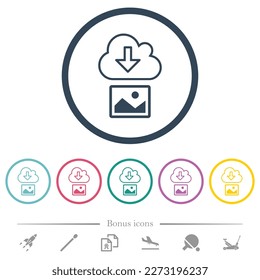 Descargar imagen de los iconos de color plano del contorno de nube en contornos redondos. 6 iconos de bonificación incluidos.