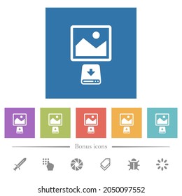 Download image to hard disk flat white icons in square backgrounds. 6 bonus icons included.