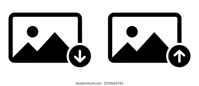 Download image and upload image icon set. Flat style vector illustration editable isolated design