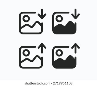 Imagem de download, conjunto de ícones de vetor de imagem de upload. Baixar e carregar imagem, conjunto de ícones. Baixando e carregando. Recebe e envia dados do controle remoto. Transferência de arquivos, Transferência de dados, ftp, Dados da Internet
