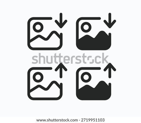 Download image, upload image vector icons set. Download and upload picture, icon set. Downloading and uploading. Receive and sent data from remote. File transfer, Data transfer, ftp, Internet Data