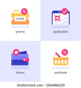 Download And Install Application On Smartphone, Earn Points And Redeem Bonuses, Register And Activate Promo Codes, Receive Coupon For Purchase And Shopping, New Customer Reward, Vector Icon Set