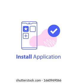 Download and install application on smartphone, online service access, vector line icon