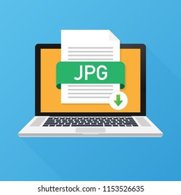 Download JPG button on laptop screen. Downloading document concept. File with JPG label and down arrow sign. Vector stock illustration.