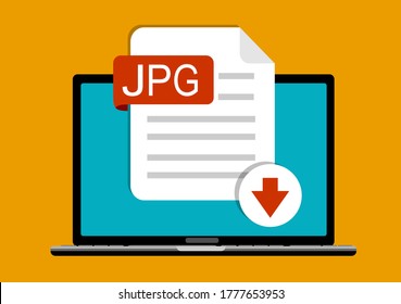 Download JPG button on laptop screen. Downloading document concept. File with JPG label and down arrow sign. Vector stock illustration.