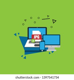 Download JPG file icon on pc screen. Downloading file concept. File with JPG icon and green down arrow sign.