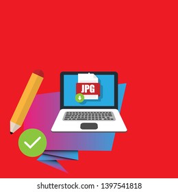 Download JPG file icon on pc screen. Downloading file concept. File with JPG icon and green down arrow sign.