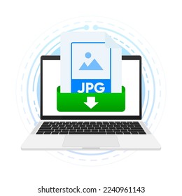 Download JPG file with label on laptop screen. Downloading document concept. View, read, download JPG file on laptops and mobile devices. Vector illustration.