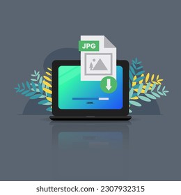 Download JPG file on laptop screen. Downloading file with JPG label concept vector illustration