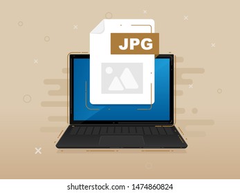 Download JPG icon file with label on laptop screen. Downloading document concept. Banner for business, marketing and advertising. Vector Illustration.