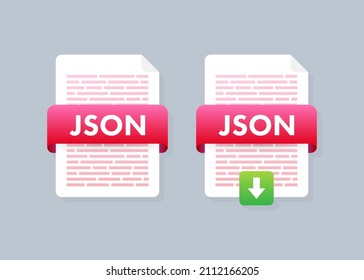 Download JSON button. Downloading document concept. File with JSON label and down arrow sign. Vector illustration.
