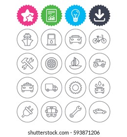 Download, light bulb and report signs. Transport and services icons. Ship, car and public bus, taxi. Repair hammer and wrench key, wheel and cogwheel. Sailboat and bicycle. Best quality star symbol