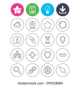 Download, light bulb and report signs. Web elements icons. Paperclip, video camera and information speech bubble. Database, anonymous mask and secure shield. Best quality star symbol. Flat buttons