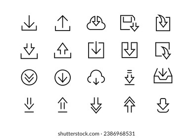 Download line flat vector set icon. install symbol. Download upload button Load sign flat, chat message data exchange, traffic, web files cloud, server collection. Editable stroke on white background