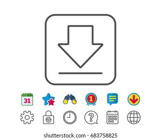 Download line icon. Internet Downloading sign. Load file symbol. Calendar, Globe and Chat line signs. Binoculars, Award and Download icons. Editable stroke. Vector