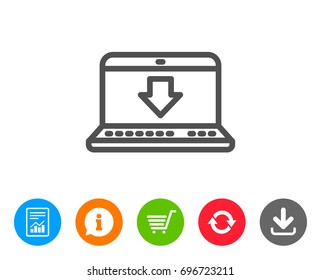 Download line icon. Internet Downloading with Laptop sign. Load file symbol. Report, Information and Refresh line signs. Shopping cart and Download icons. Editable stroke. Vector