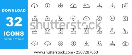 Download line icon set. Download files icons. Data download icon. Upload cloud storage sign. Editable stroke. Vector illustration.