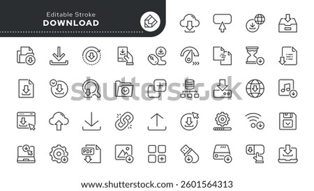 Download line icon set. Upload, arrow down, file, data, cloud and more. Outline vector icon in linear style. Pictogram collection	
