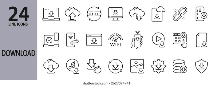 Download line icons set with Upload, Internet, Mobile, Cloud, File, Click, Computer and more. Editable Stroke