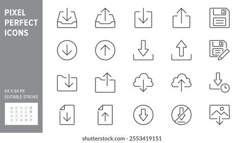 Download line icons. Vector illustration include icon - upload, cloud storage, folder, arrow, document, diskette, floppy disk outline pictogram for web button. 64x64 Pixel Perfect, Editable Stroke.