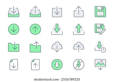 Download line icons. Vector illustration include icon - upload, cloud storage, folder, arrow, document, diskette, floppy disk outline pictogram for web button. Editable Stroke, Green Color.