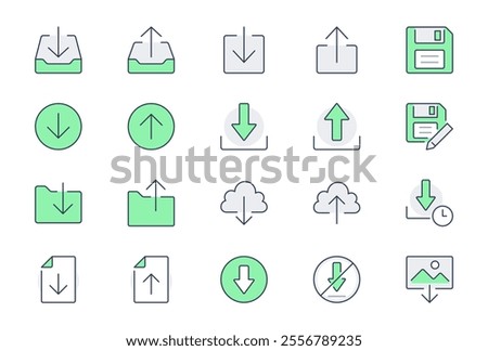 Download line icons. Vector illustration include icon - upload, cloud storage, folder, arrow, document, diskette, floppy disk outline pictogram for web button. Editable Stroke, Green Color.