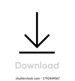 Descargar insignia lineal en estilo plano. Vector de línea modificable. Un solo pictograma. Botón de descarga. Flecha de icono simple con línea hacia abajo aislada en fondo blanco.