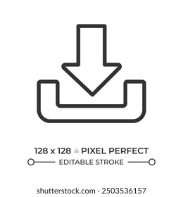 Download linear icon. Downward arrow. User interface button. Data transfer and management. Files transfer. Thin line illustration. Contour symbol. Vector outline drawing. Editable stroke