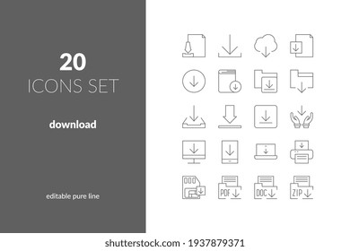 Lineare Symbole herunterladen Set. Dokumentendownload, Download-Dateien, Cloud-Speicher, SIM-Kartendatendownload. Vektorgrafiken